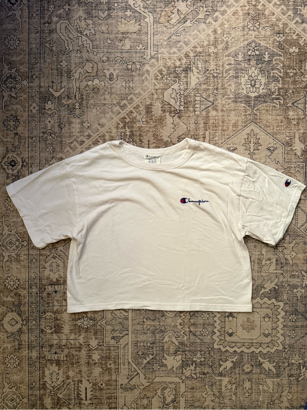 Champion White Cropped Logo Tee - Cream with Navy & Red Logo